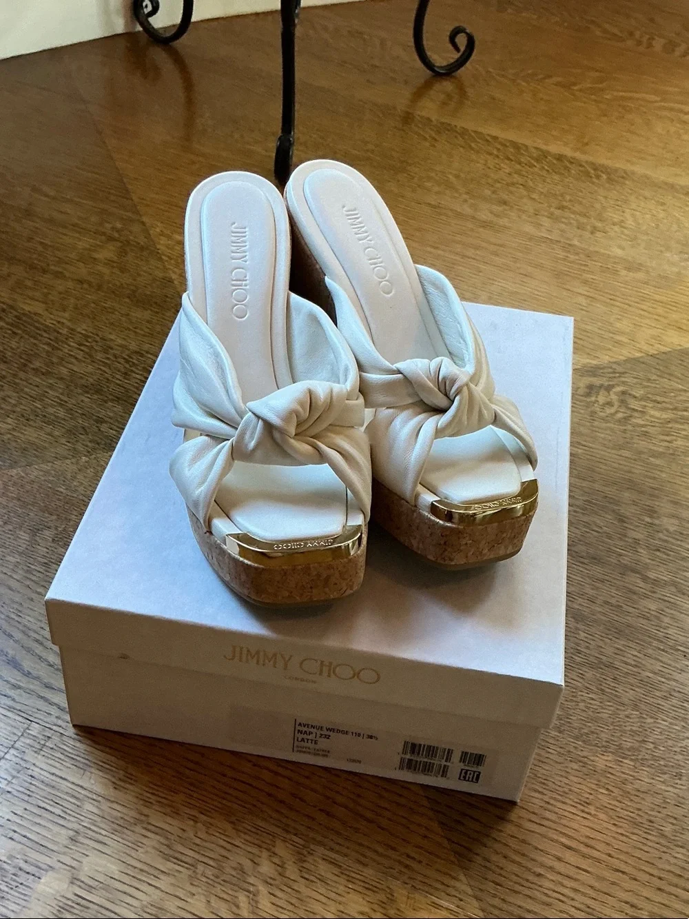 NWT Jimmy Choo Latte Knot Cork Platform Sandals with Gold Accent